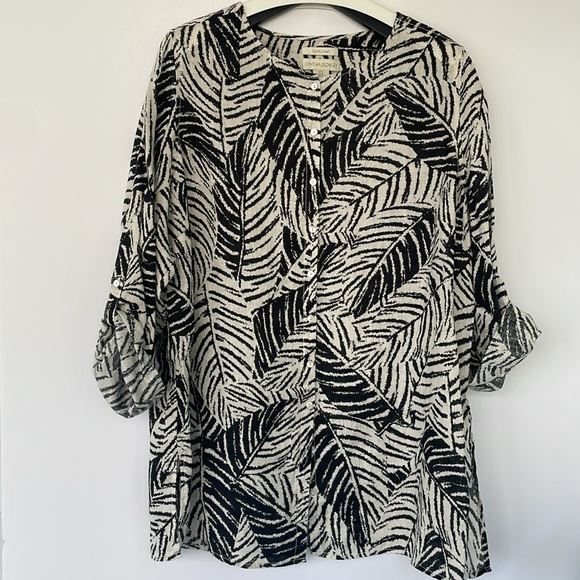 Cynthia Rowley 100% Linen Blouse Palm Leaf Shirt Mother of Pearl Plus Size 1X - Picture 1 of 16